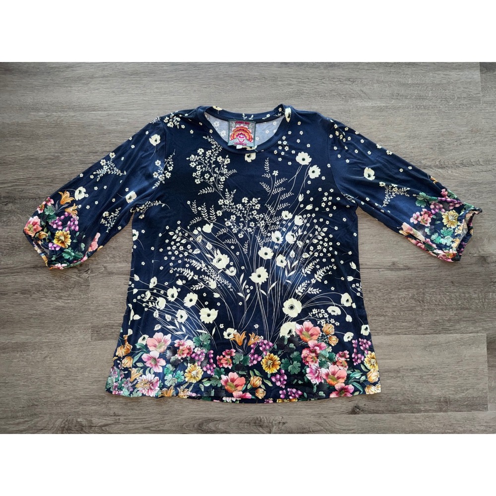 Johnny Was Women's Blue Floral 3/4 Sleeve Blouse, Large